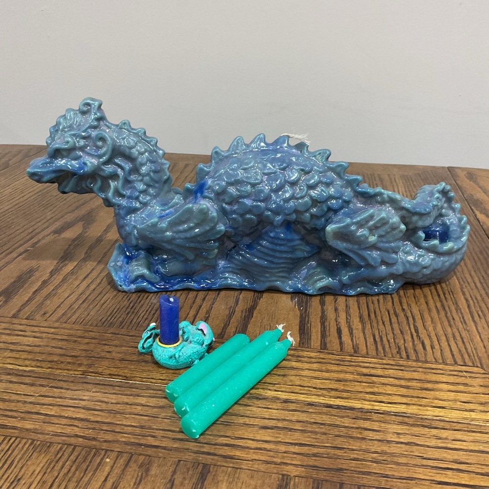 Large blue dragon candle & tiny dragon candle holder with candles